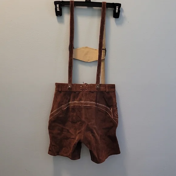 Kid's Brown Leather Lederhosen Shorts with Suspenders - Picture 4 of 10